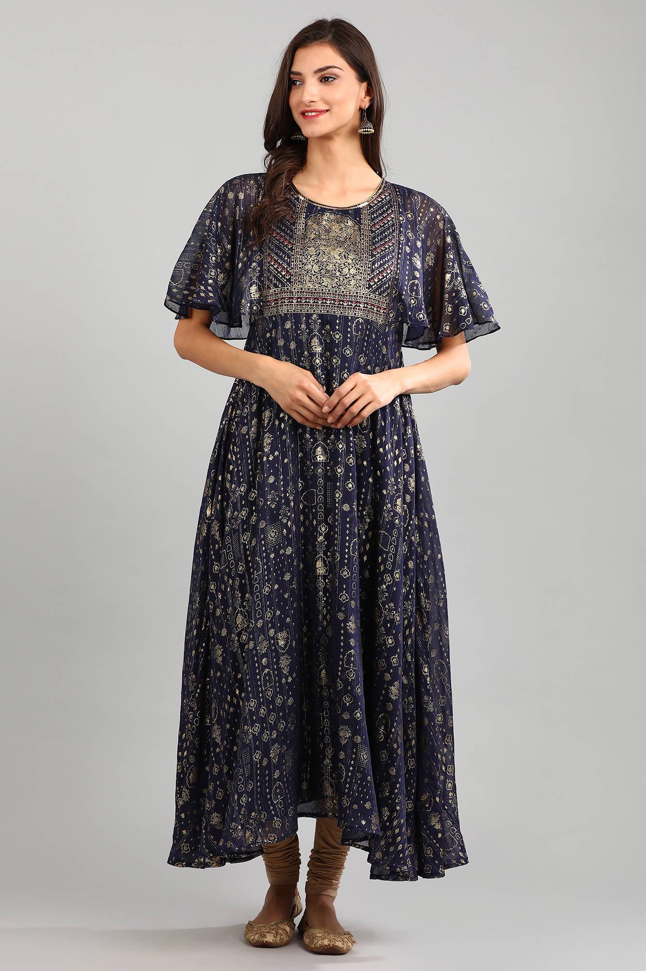 Blue Round Neck Printed Dress