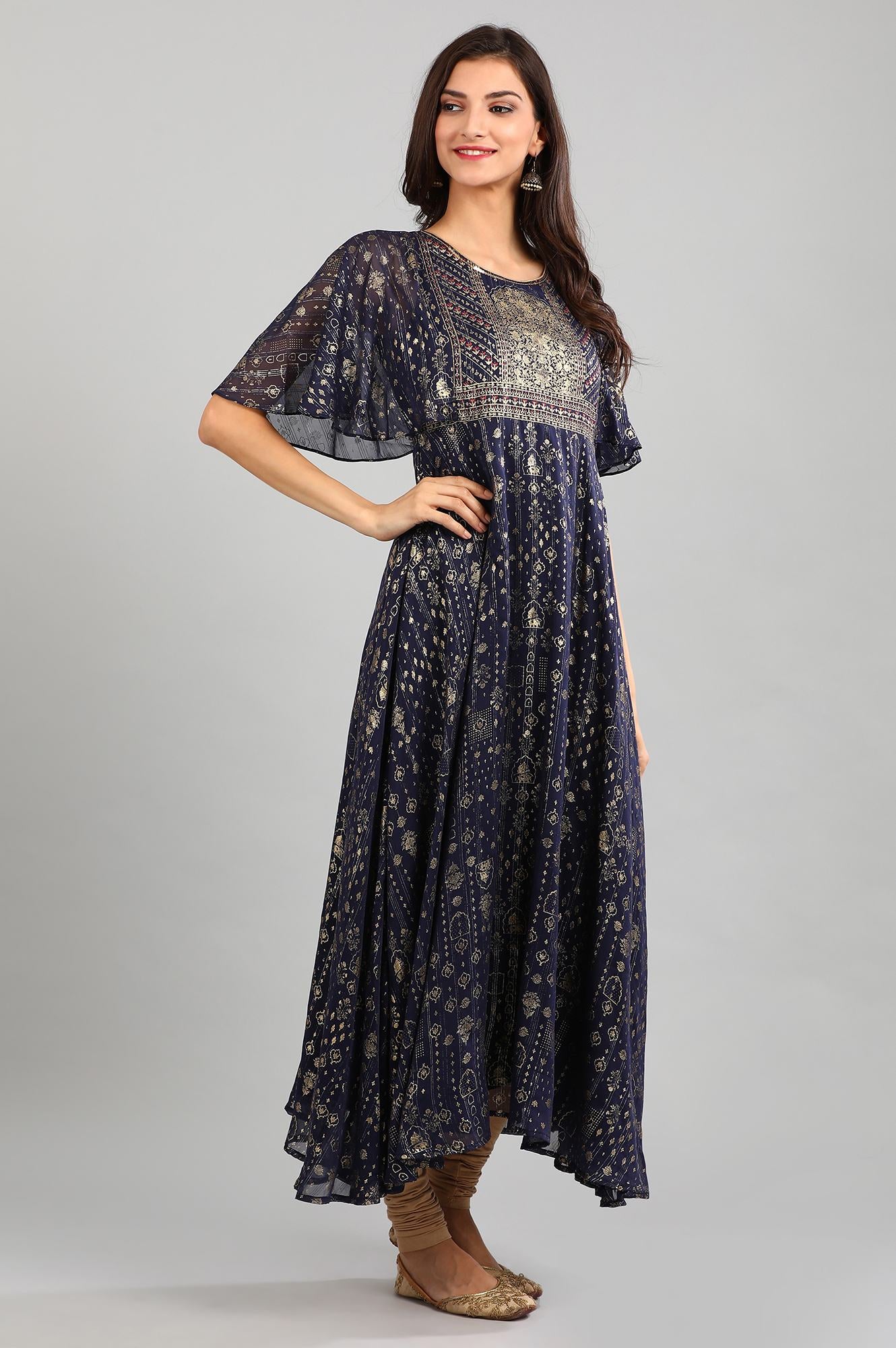 Blue Round Neck Printed Dress