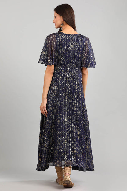 Blue Round Neck Printed Dress