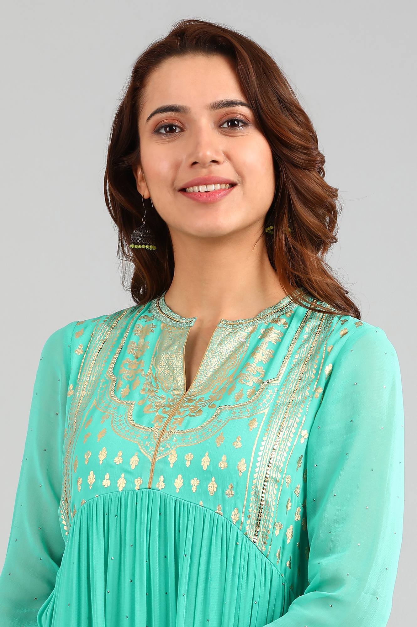 Green Band Collar Printed kurta