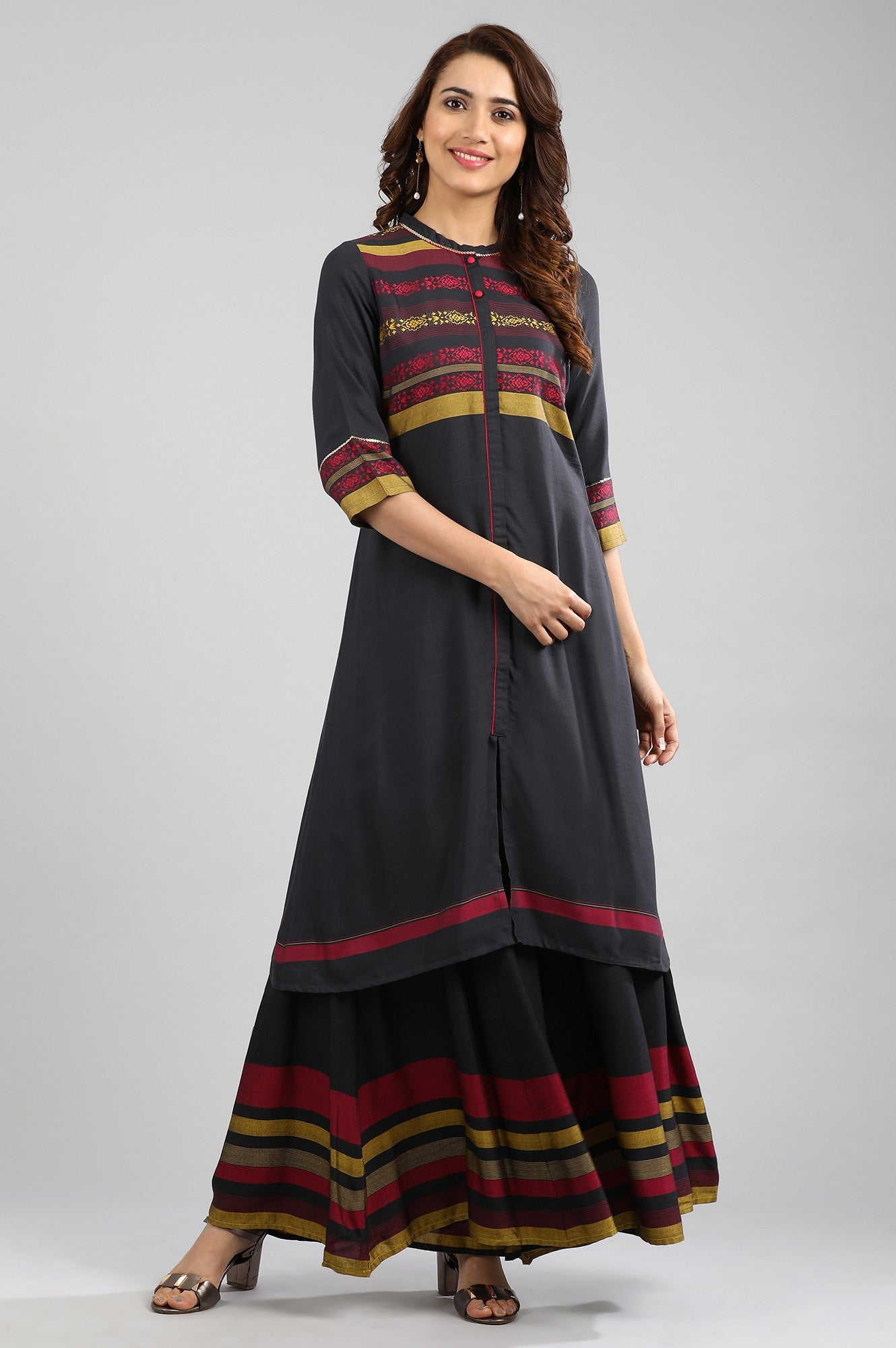 Grey Band Collar Yarn-dyed kurta