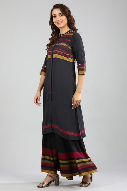 Grey Band Collar Yarn-dyed kurta