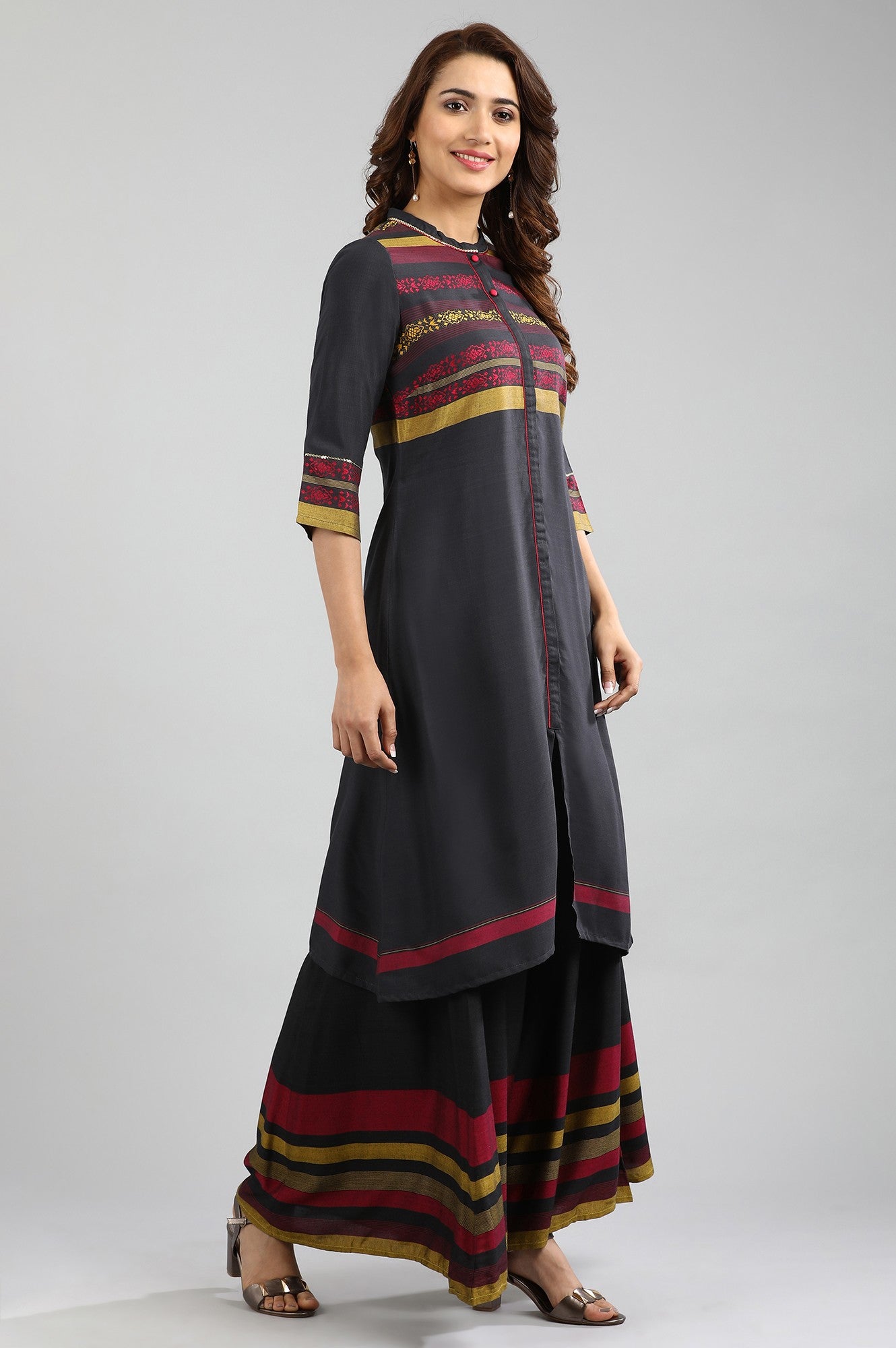 Grey Band Collar Yarn-dyed kurta