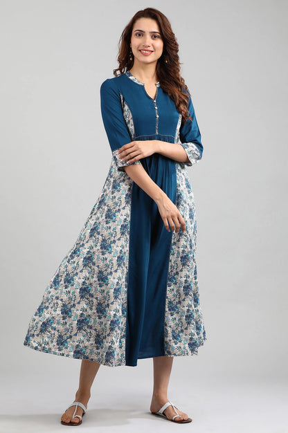 Blue Band Collar Printed kurta