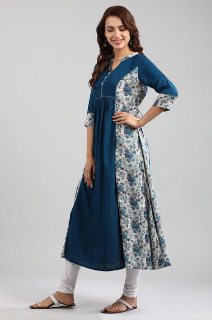 Blue Band Collar Printed kurta