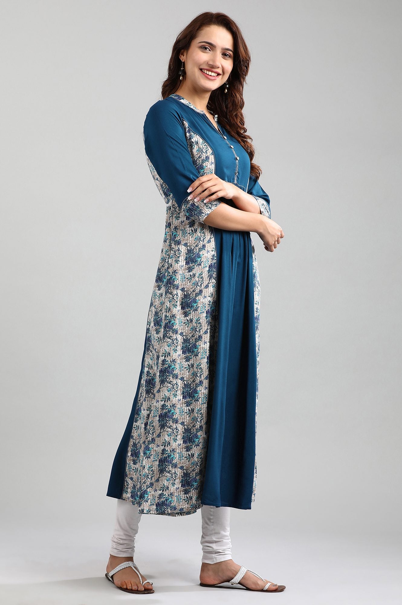 Blue Band Collar Printed kurta