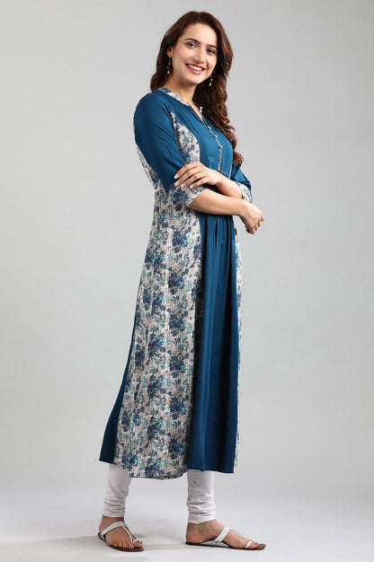 Blue Band Collar Printed kurta