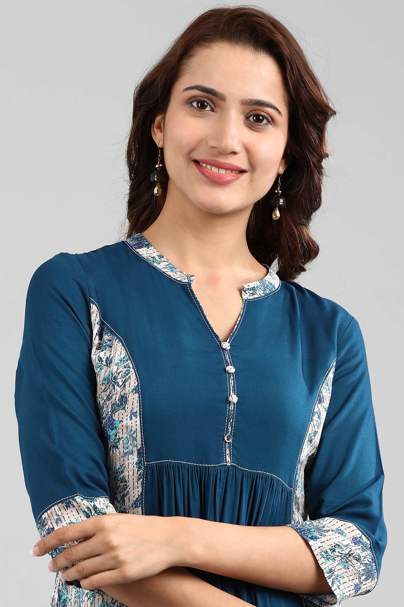 Blue Band Collar Printed kurta