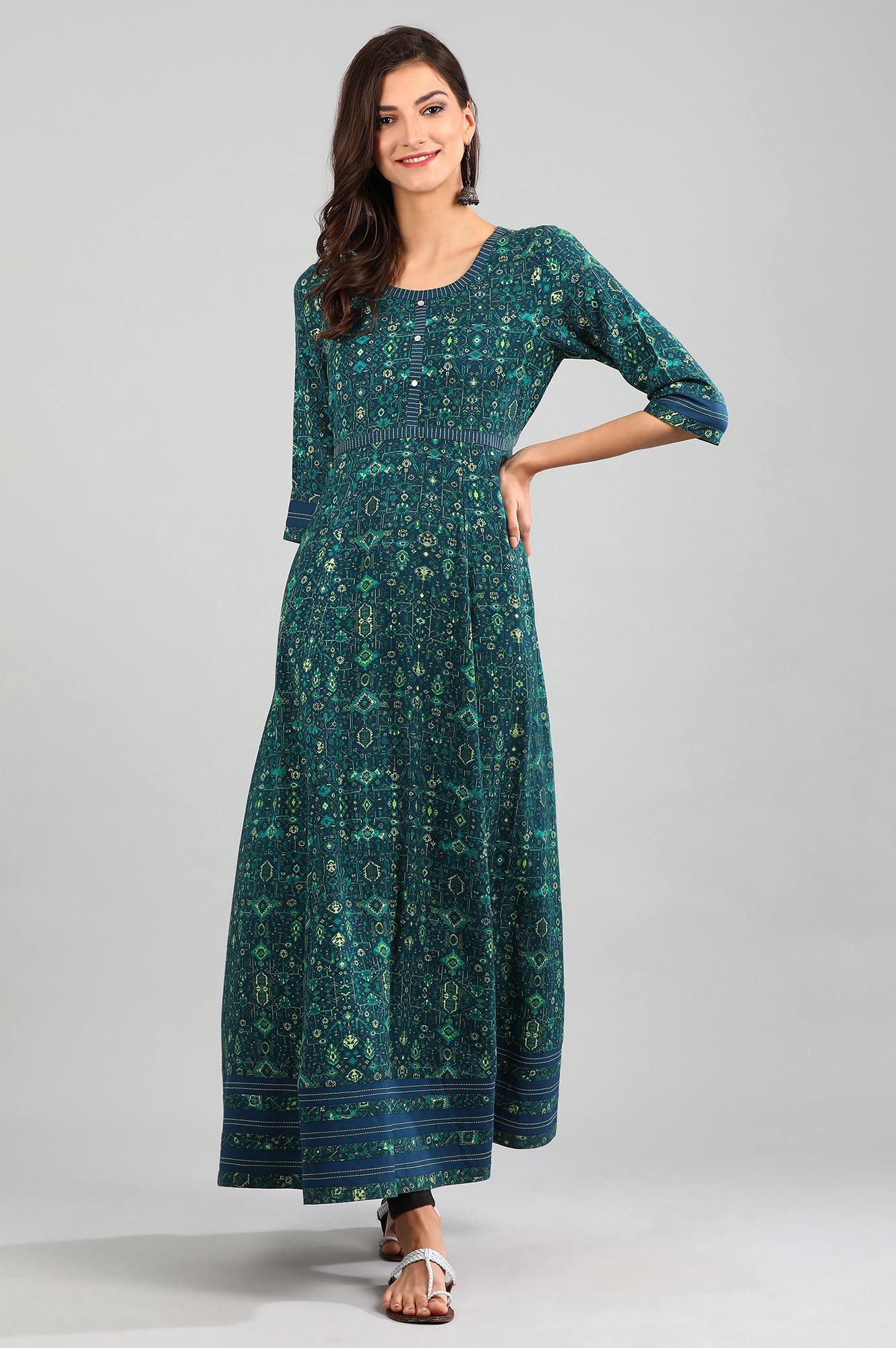 Green Round Neck Printed kurta