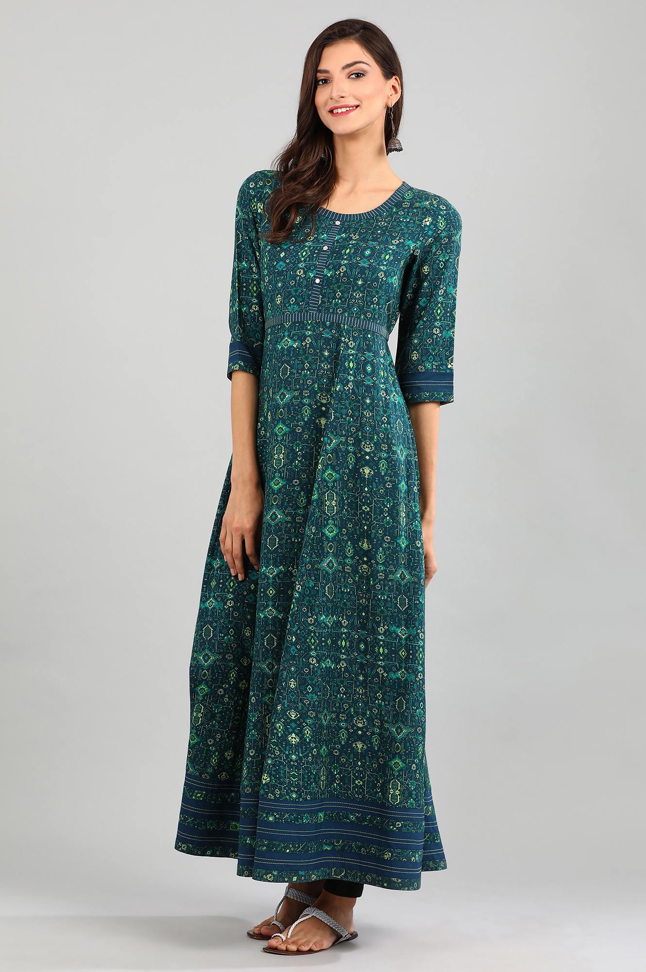 Green Round Neck Printed kurta