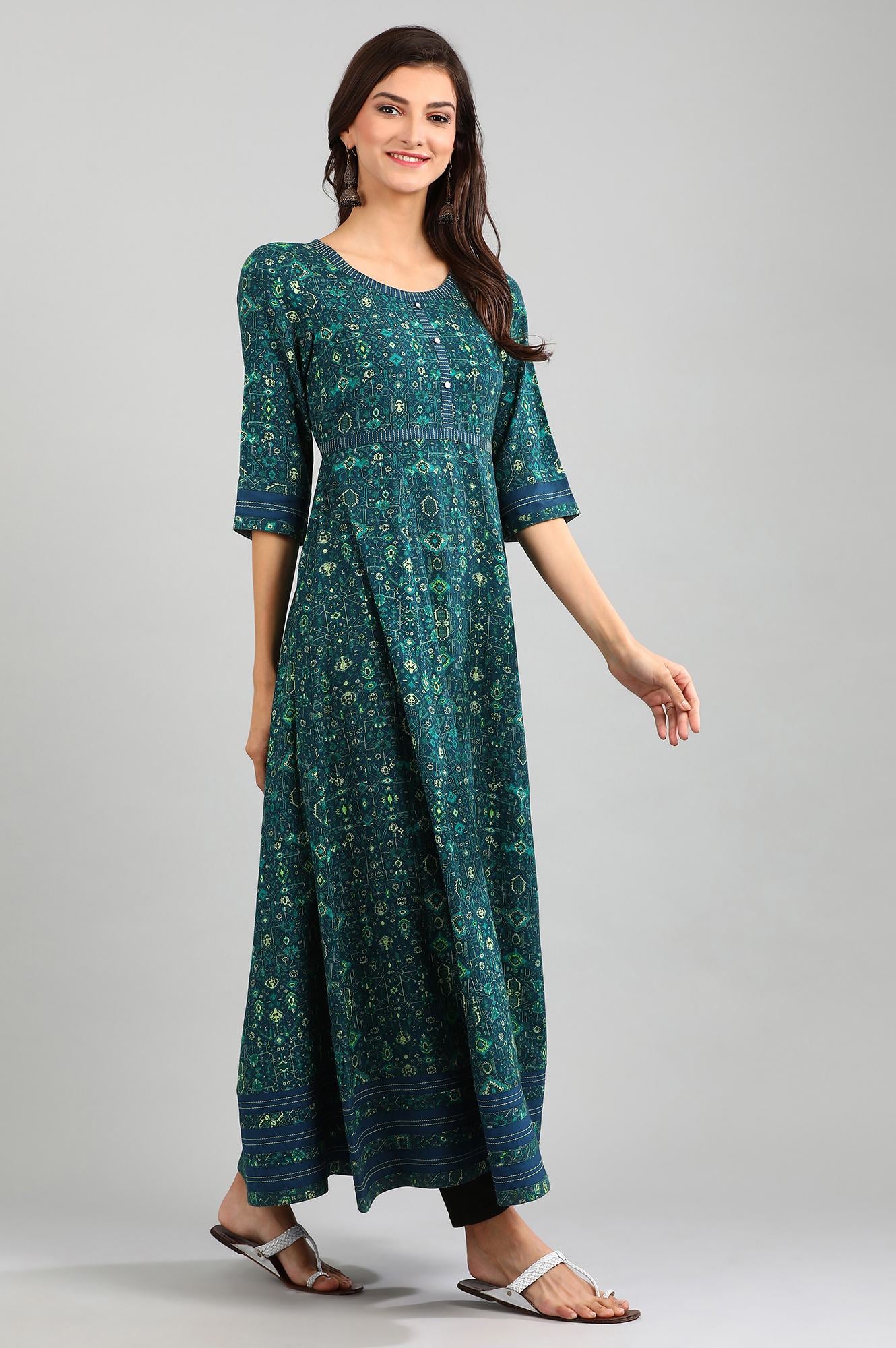 Green Round Neck Printed kurta