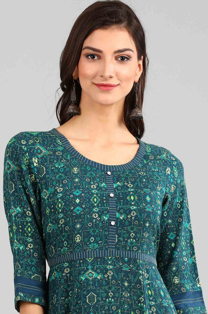 Green Round Neck Printed kurta