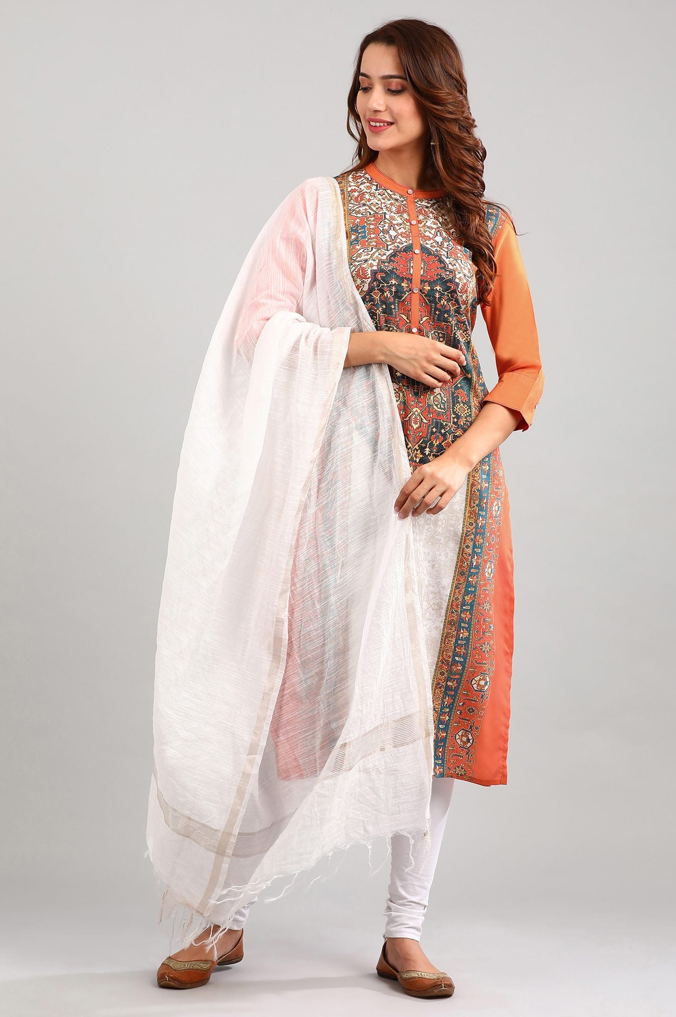 Orange Band Collar Printed kurta