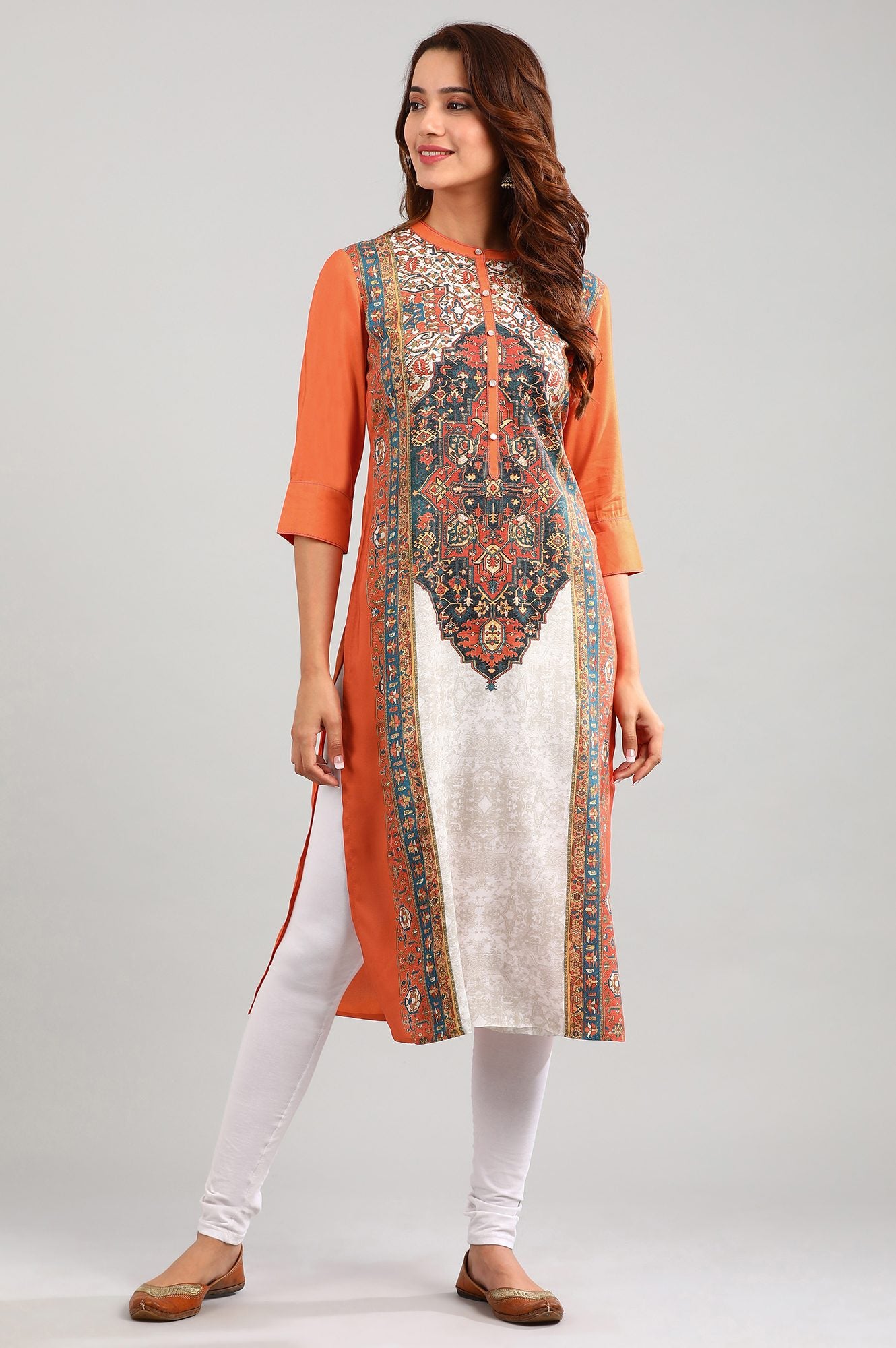 Orange Band Collar Printed kurta