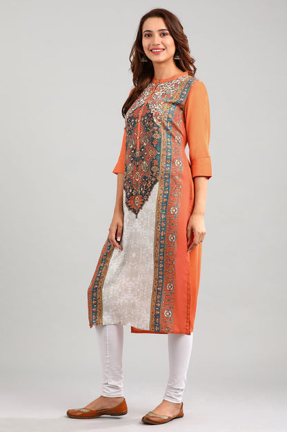 Orange Band Collar Printed kurta