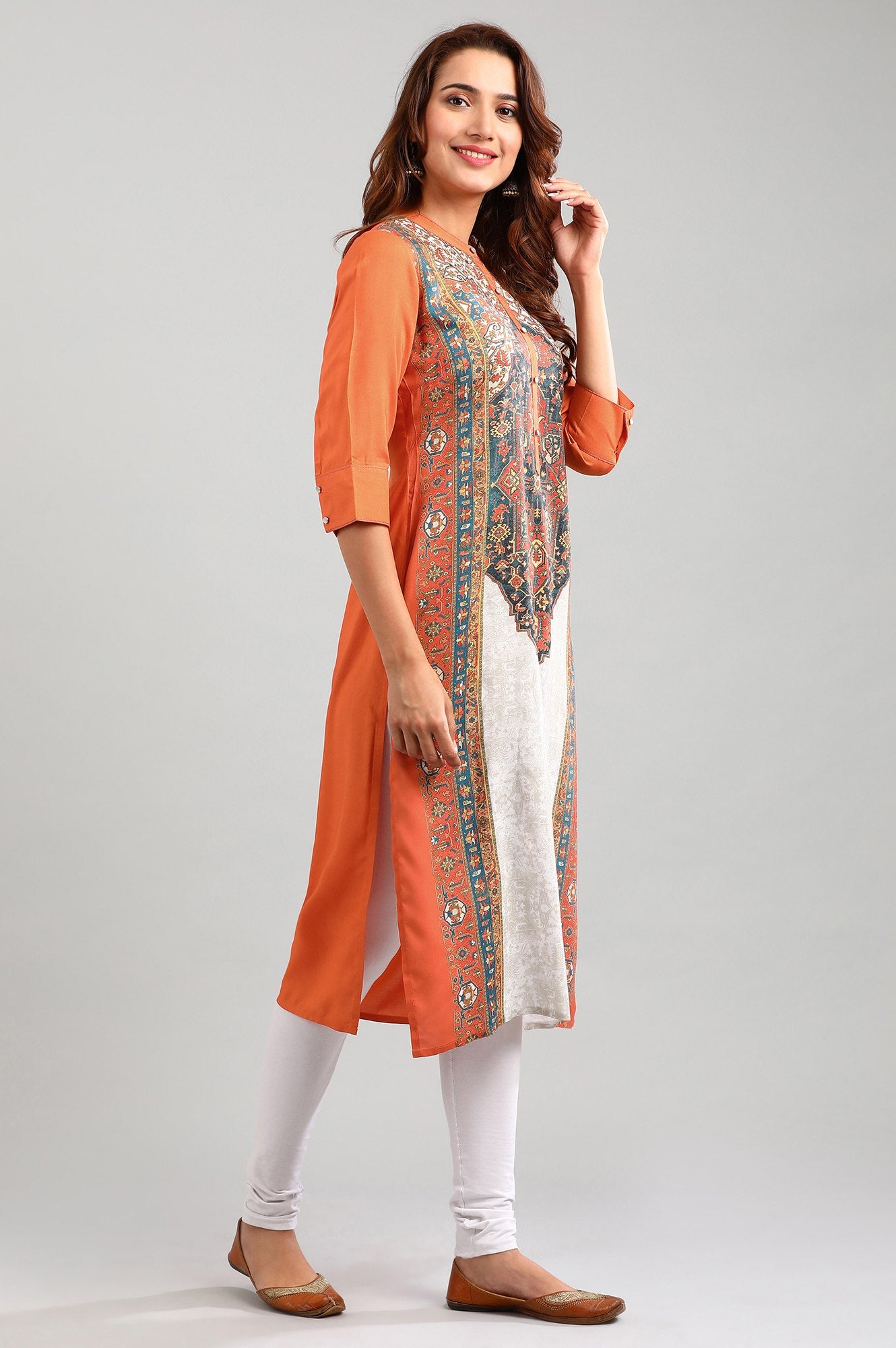 Orange Band Collar Printed kurta