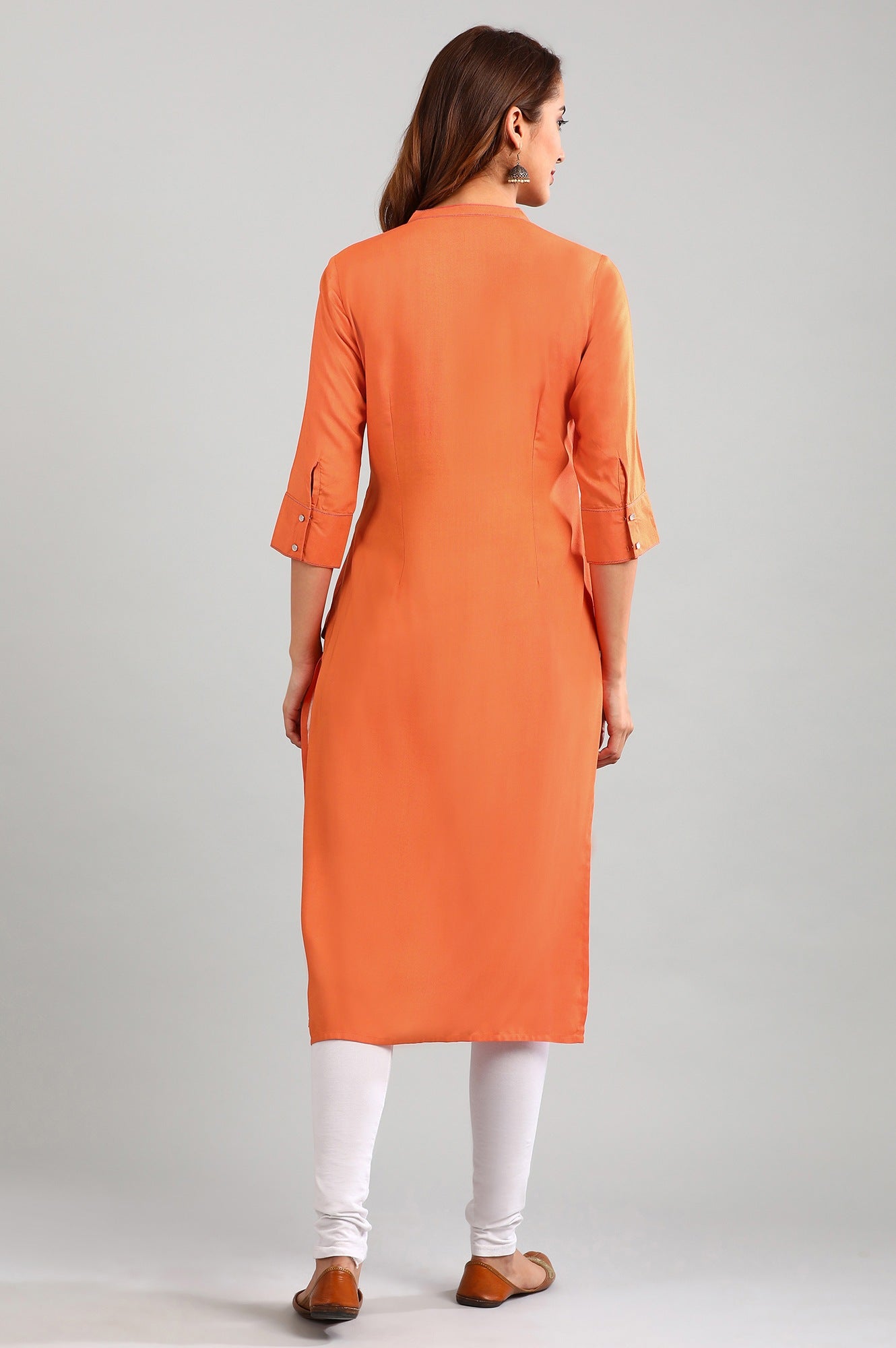 Orange Band Collar Printed kurta