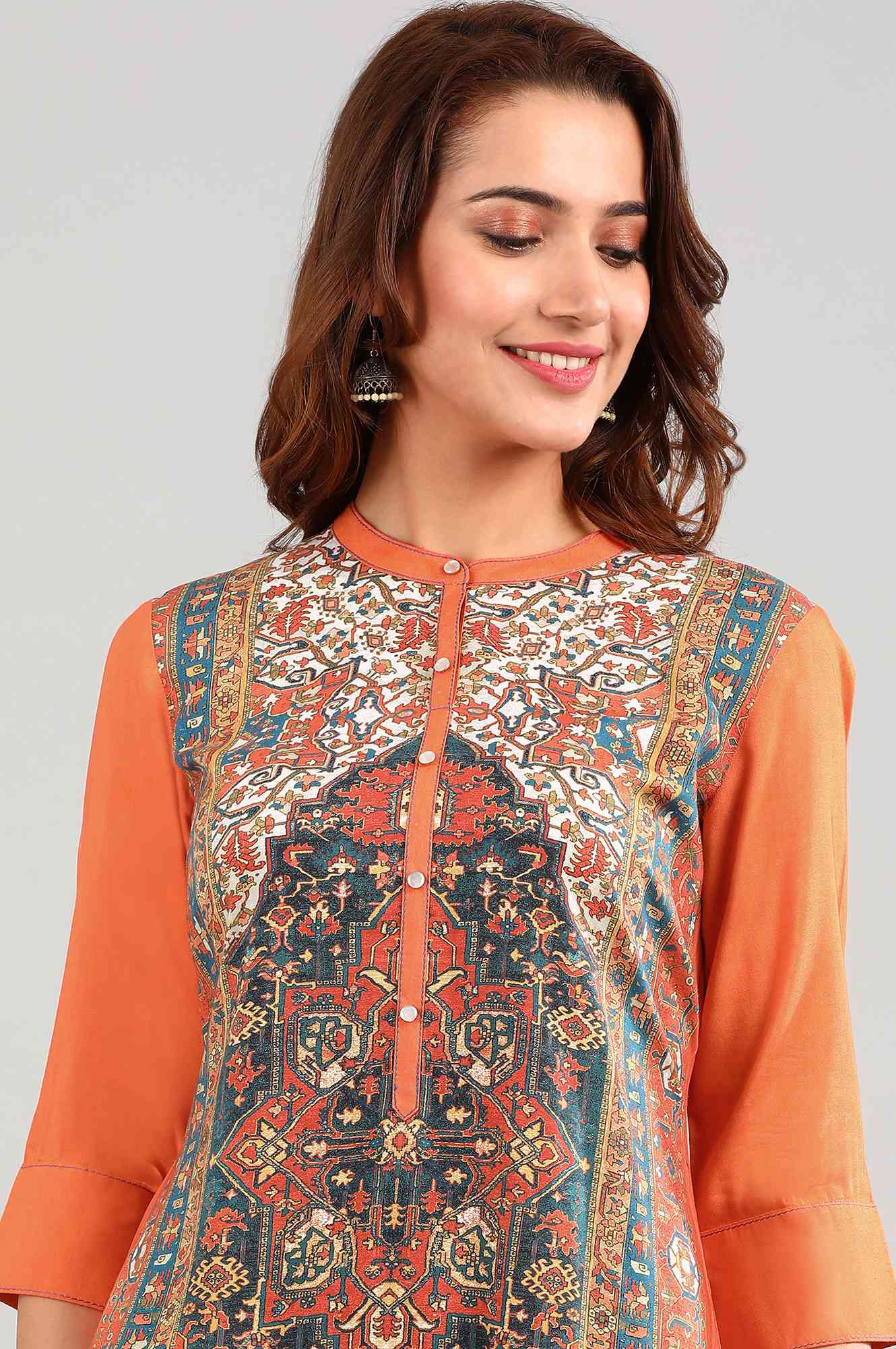 Orange Band Collar Printed kurta