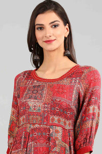 Red Round Neck Printed Dress