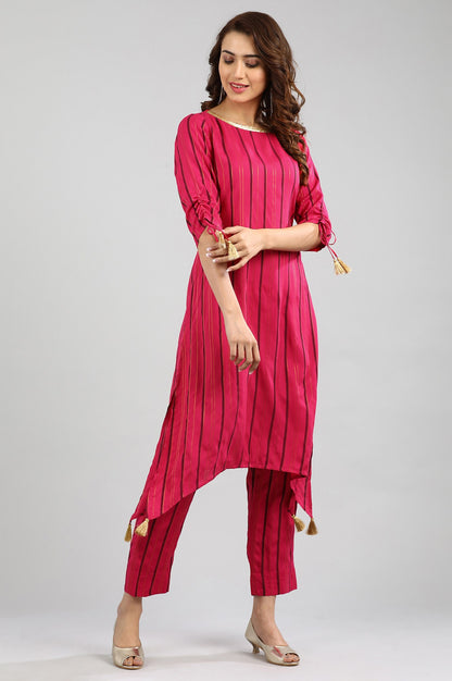 Pink Round Neck Yarn-dyed kurta