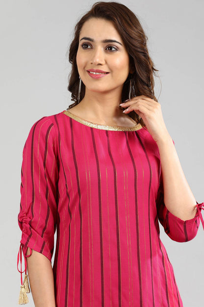 Pink Round Neck Yarn-dyed kurta