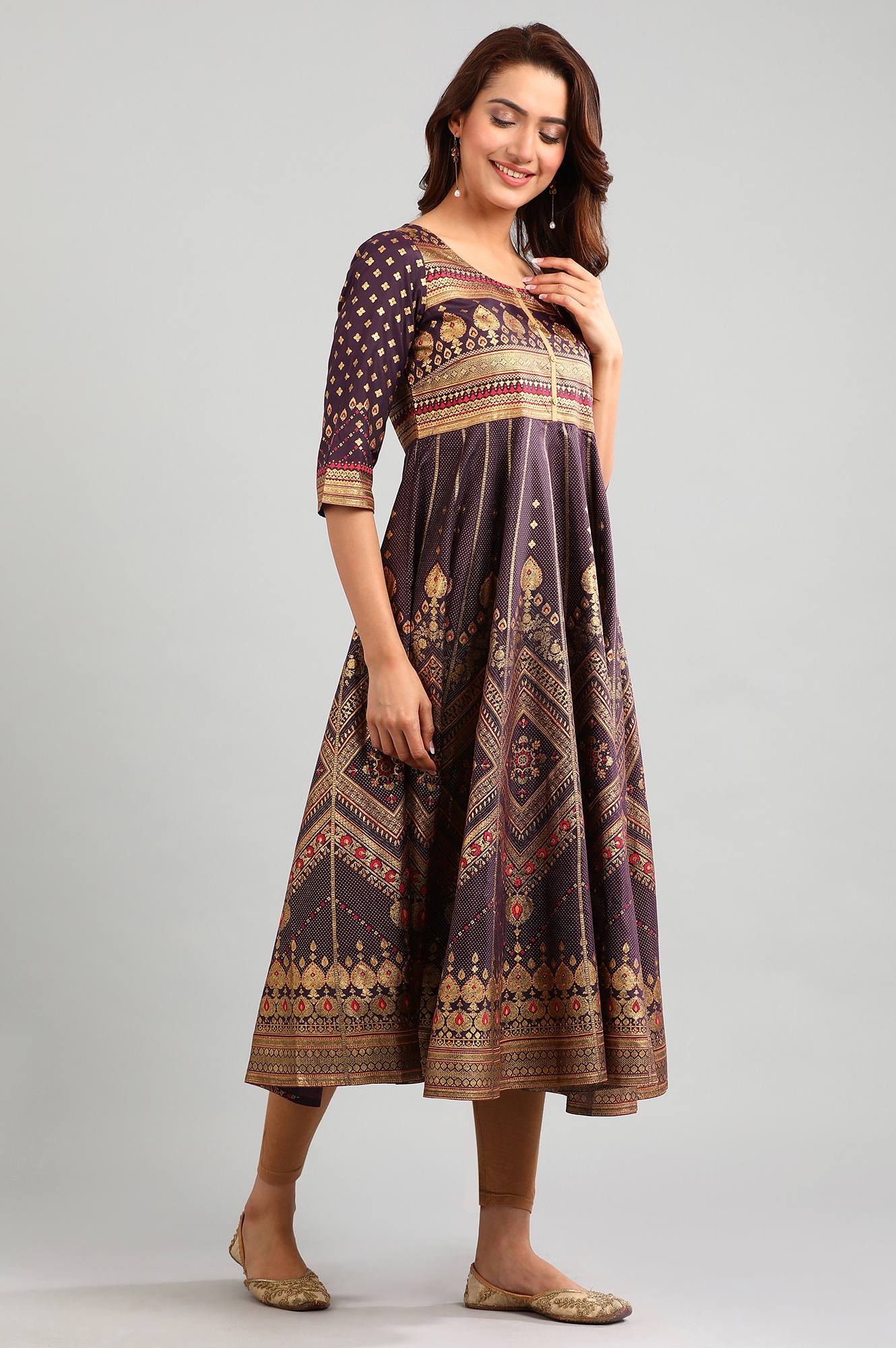 Purple Round Neck Printed kurta