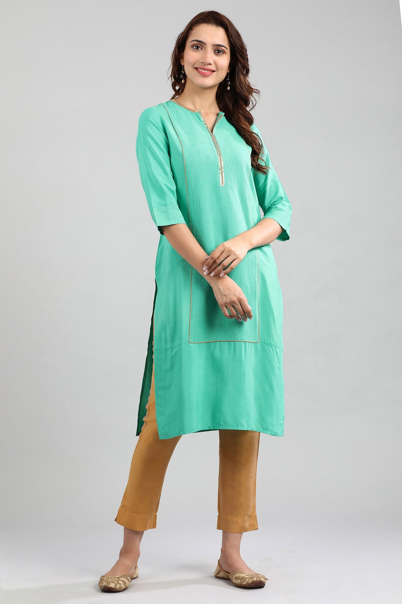 Green Band Collar Printed kurta