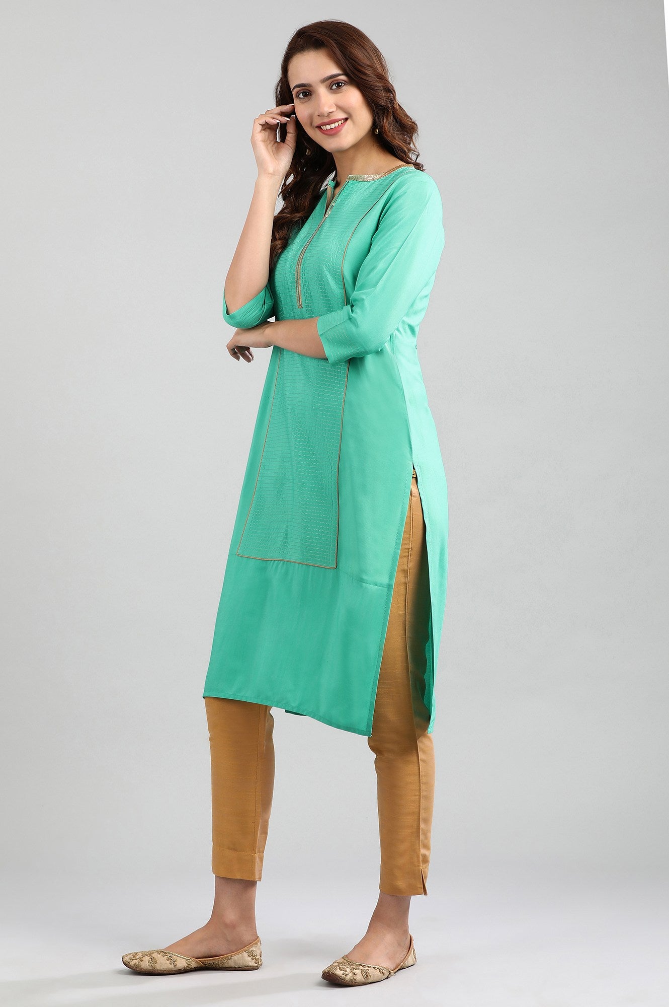 Green Band Collar Printed kurta