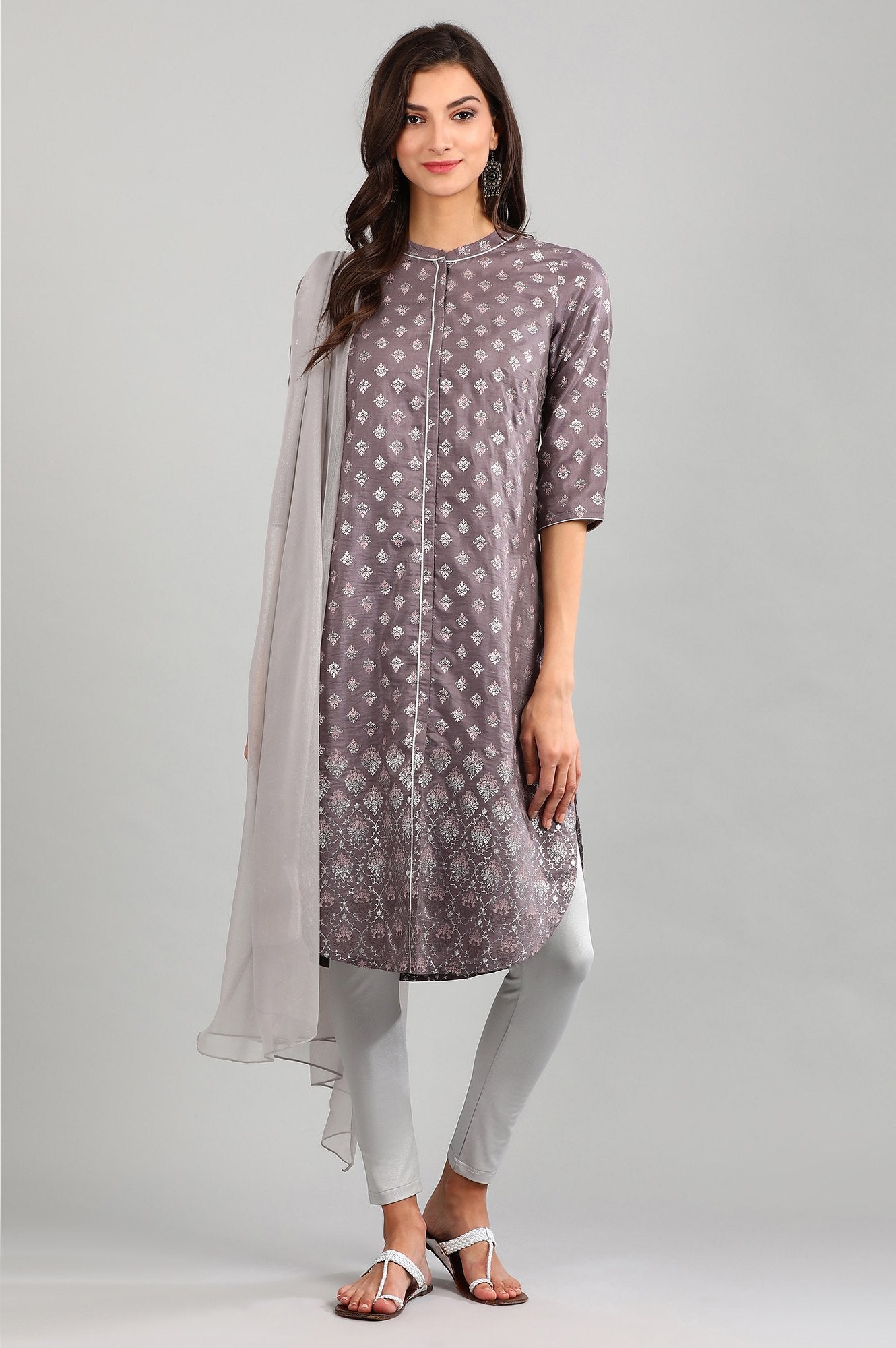 Grey Band Collar Printed kurta