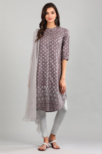 Grey Band Collar Printed kurta