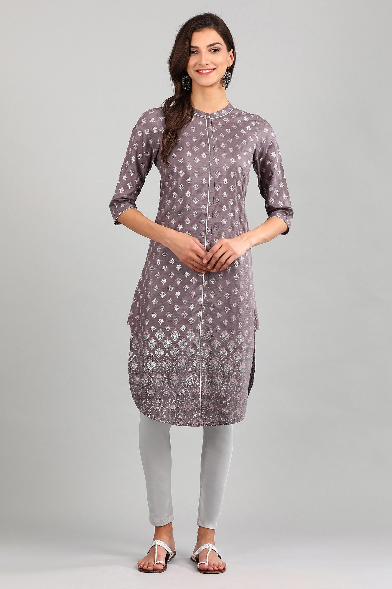 Grey Band Collar Printed kurta