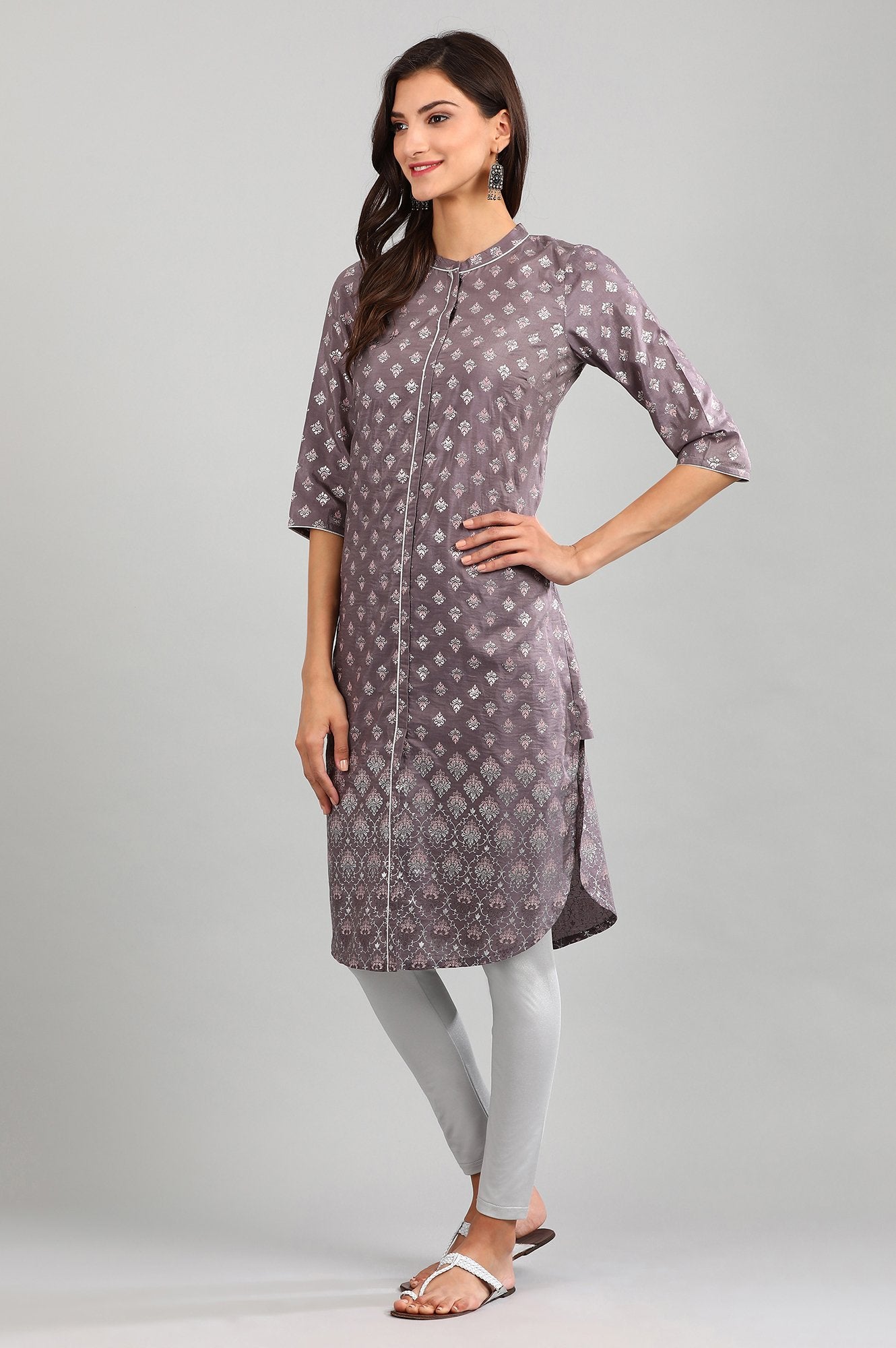 Grey Band Collar Printed kurta