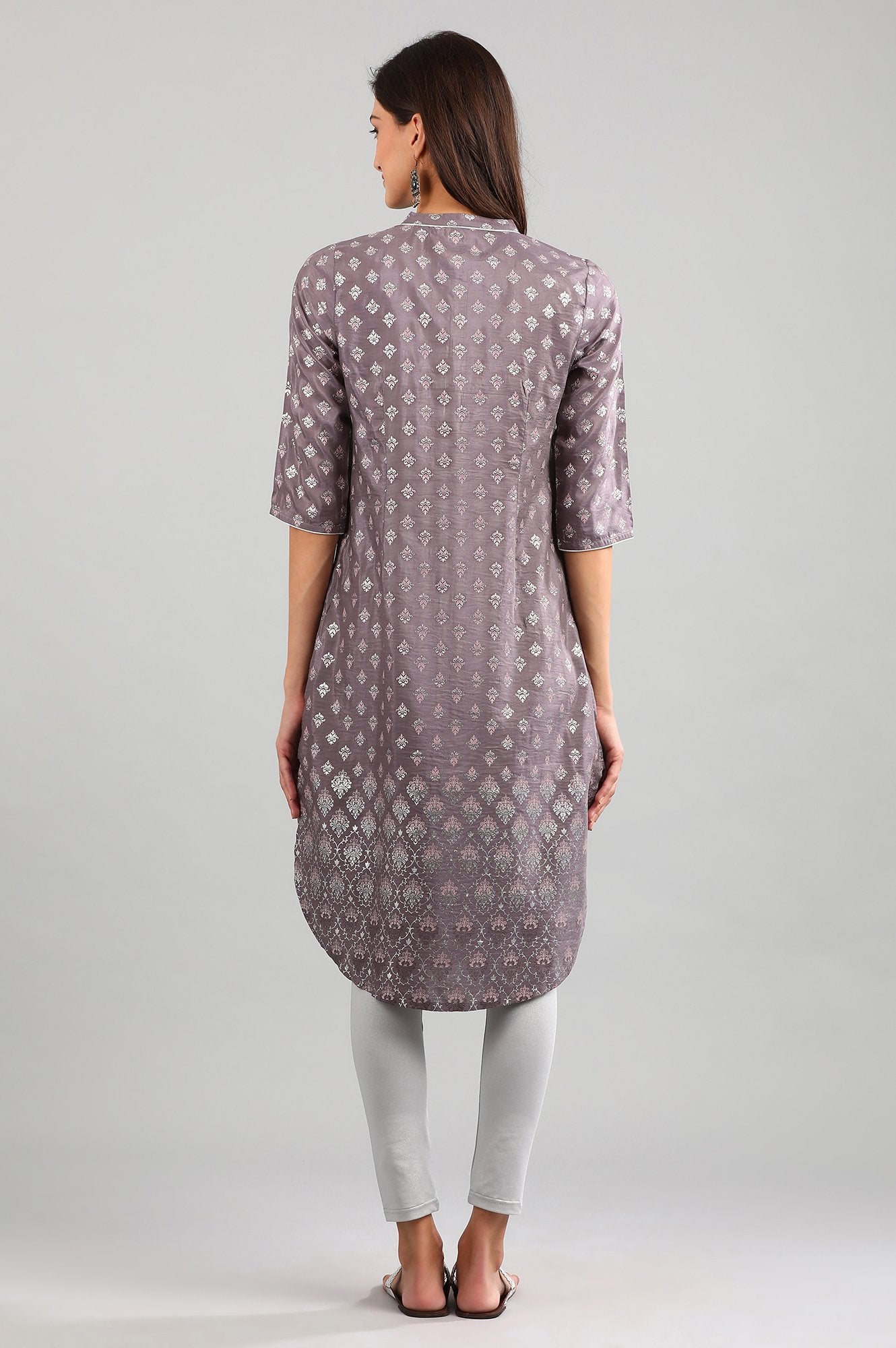 Grey Band Collar Printed kurta