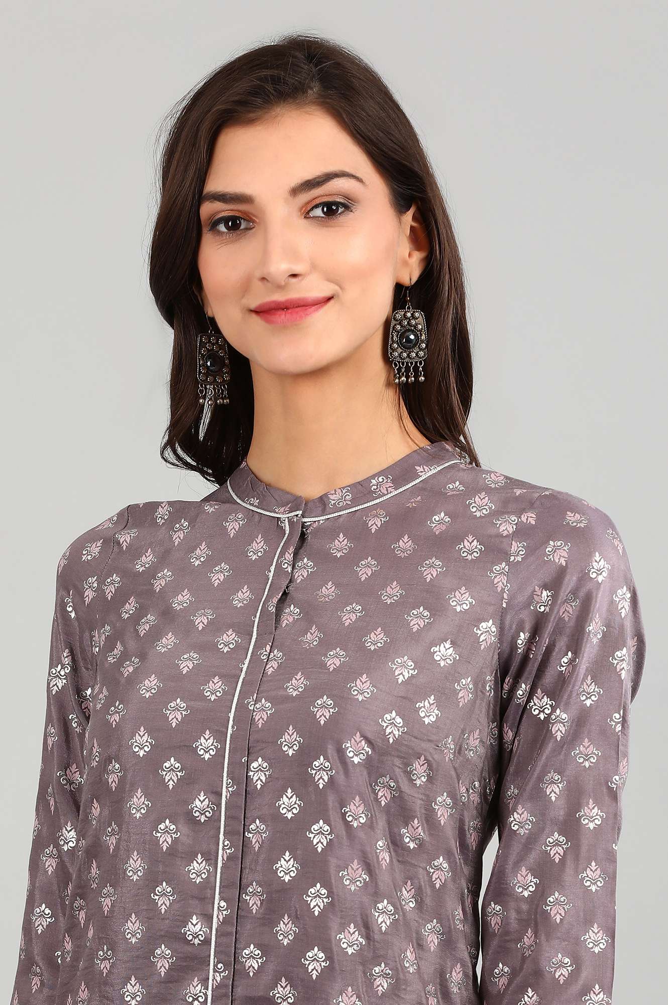 Grey Band Collar Printed kurta