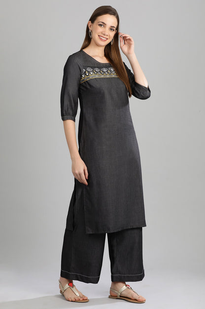 Black Yarn-dyed Flared Palazzos