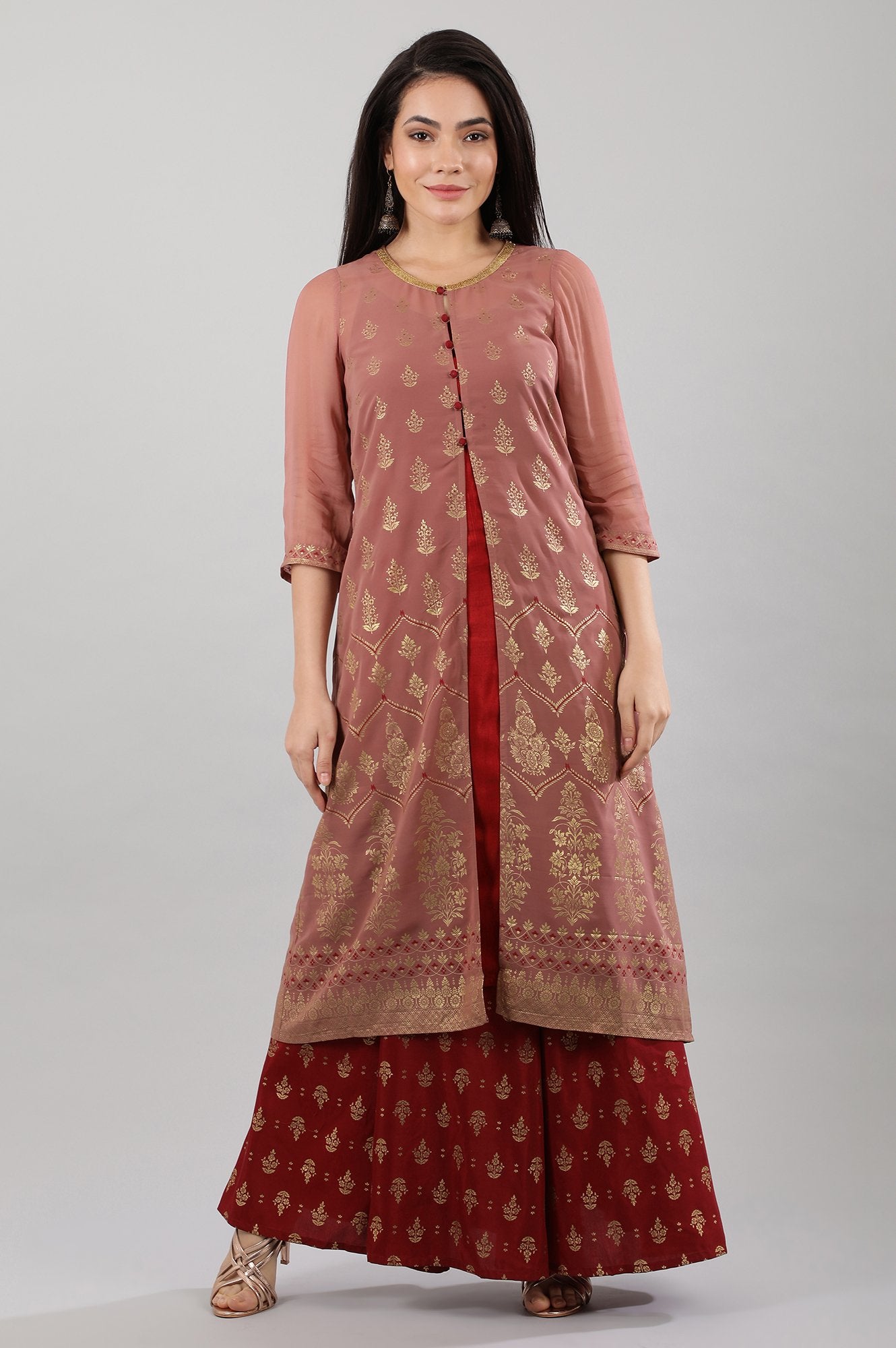 Pink Round Neck Layered kurta