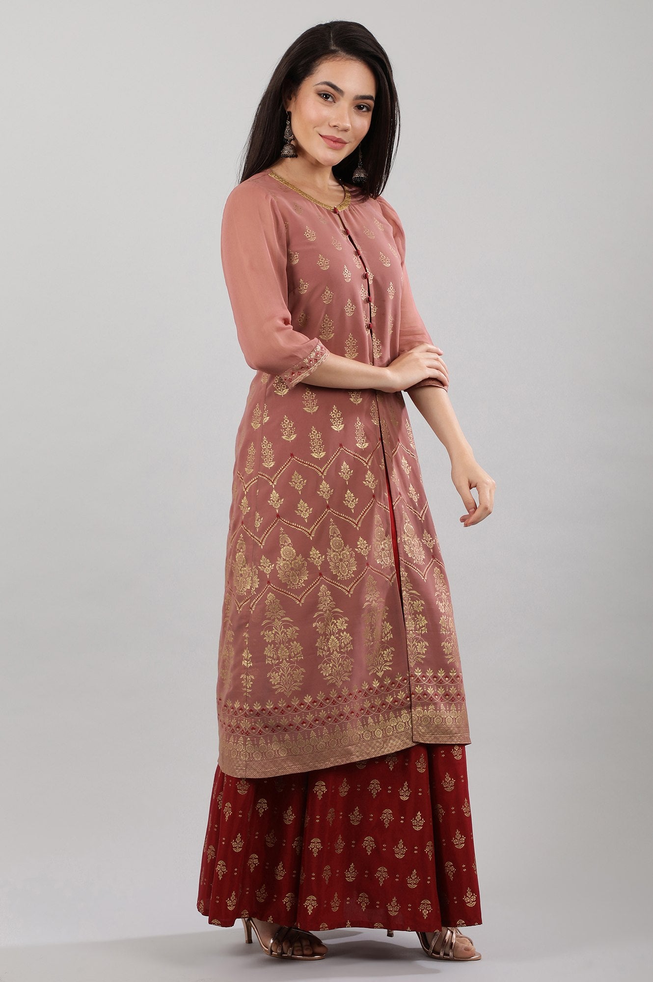 Pink Round Neck Layered kurta