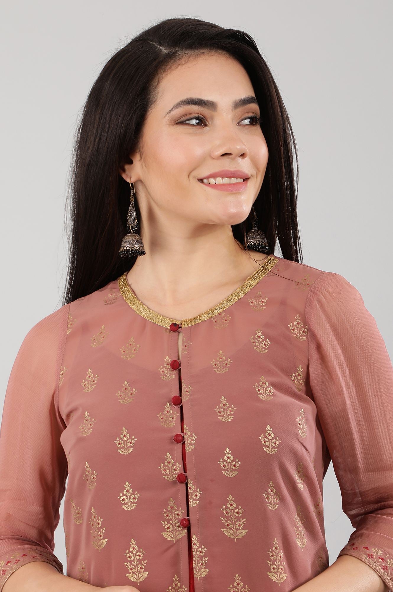 Pink Round Neck Layered kurta