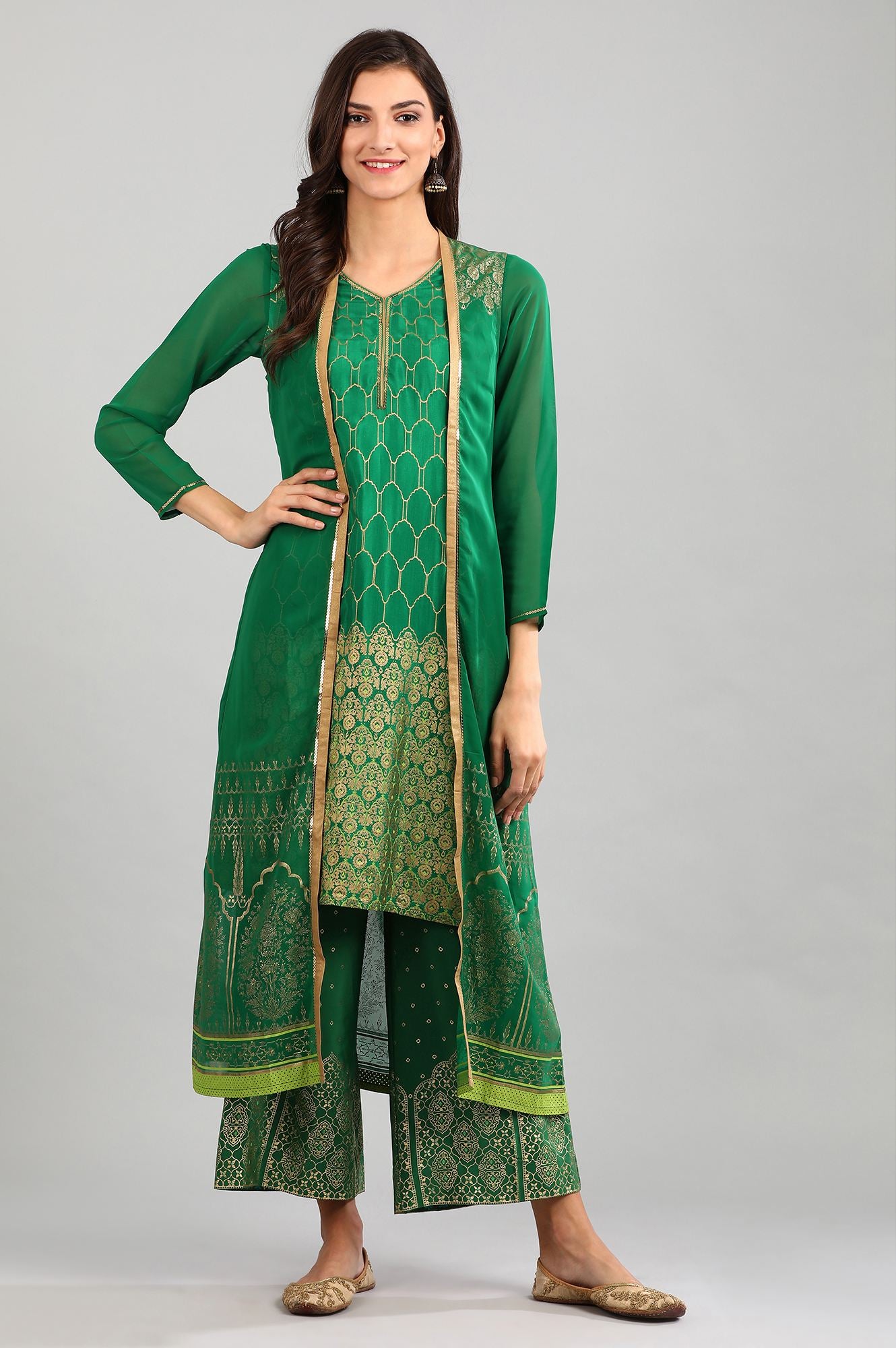 Green V-Neck Printed kurta