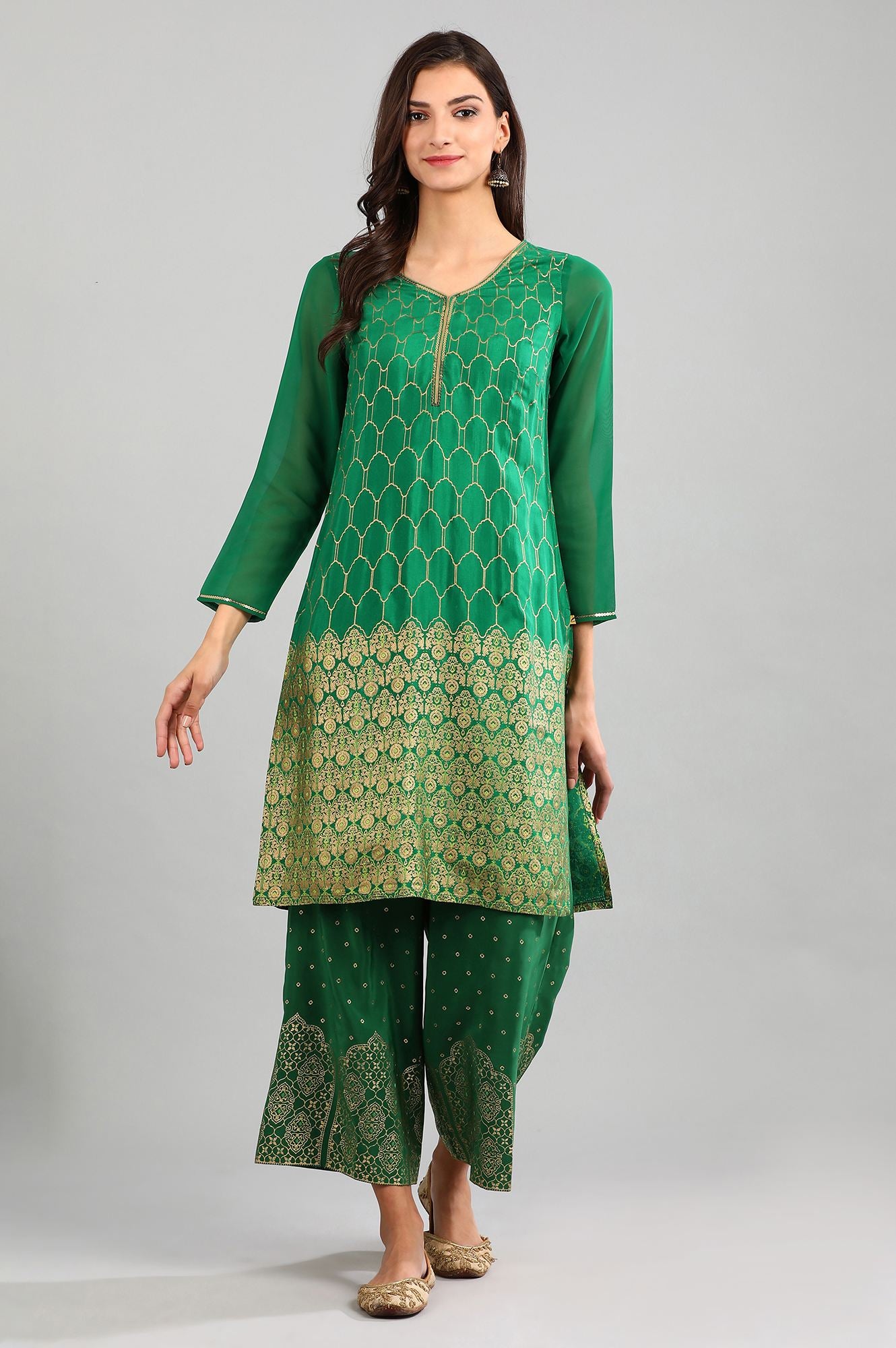 Green V-Neck Printed kurta