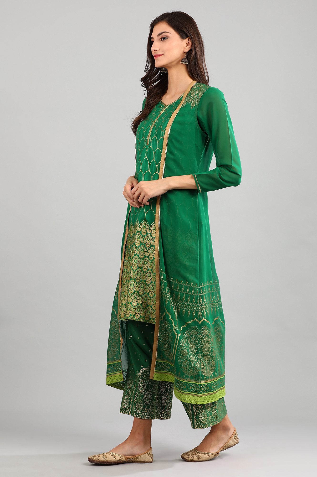 Green V-Neck Printed kurta