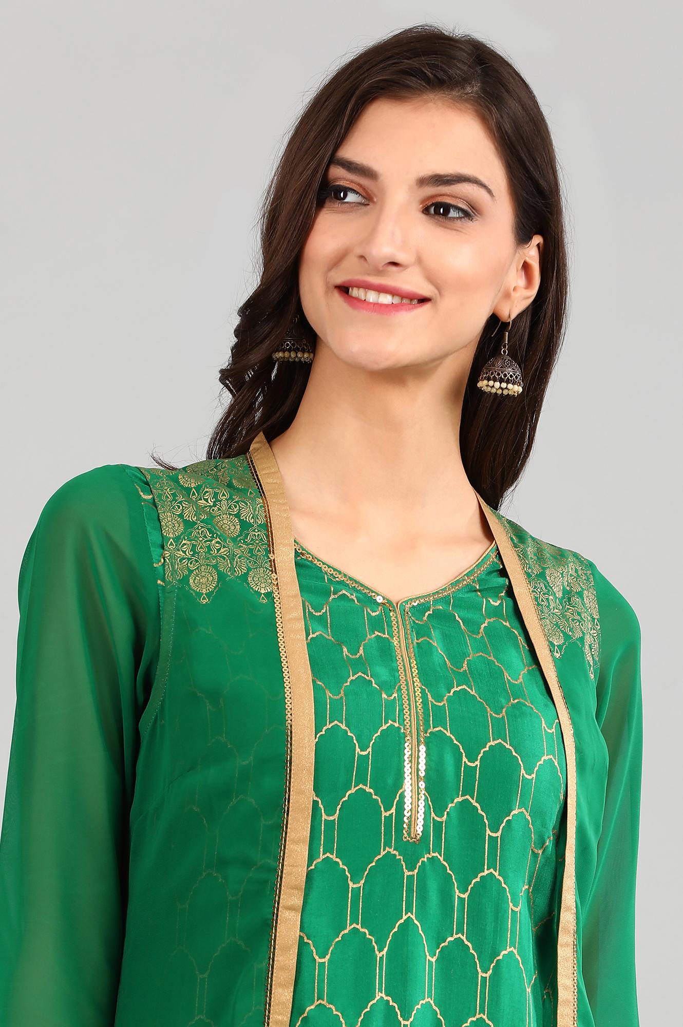 Green V-Neck Printed kurta