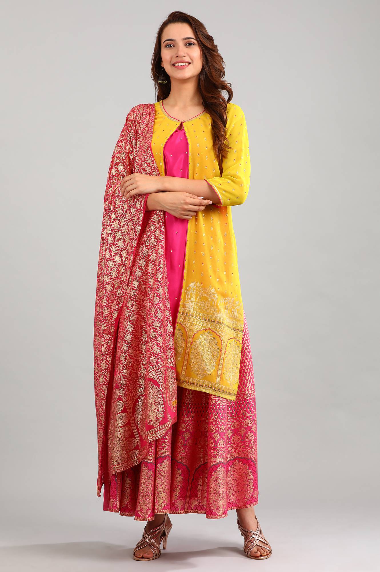 Yellow Round Neck Printed kurta