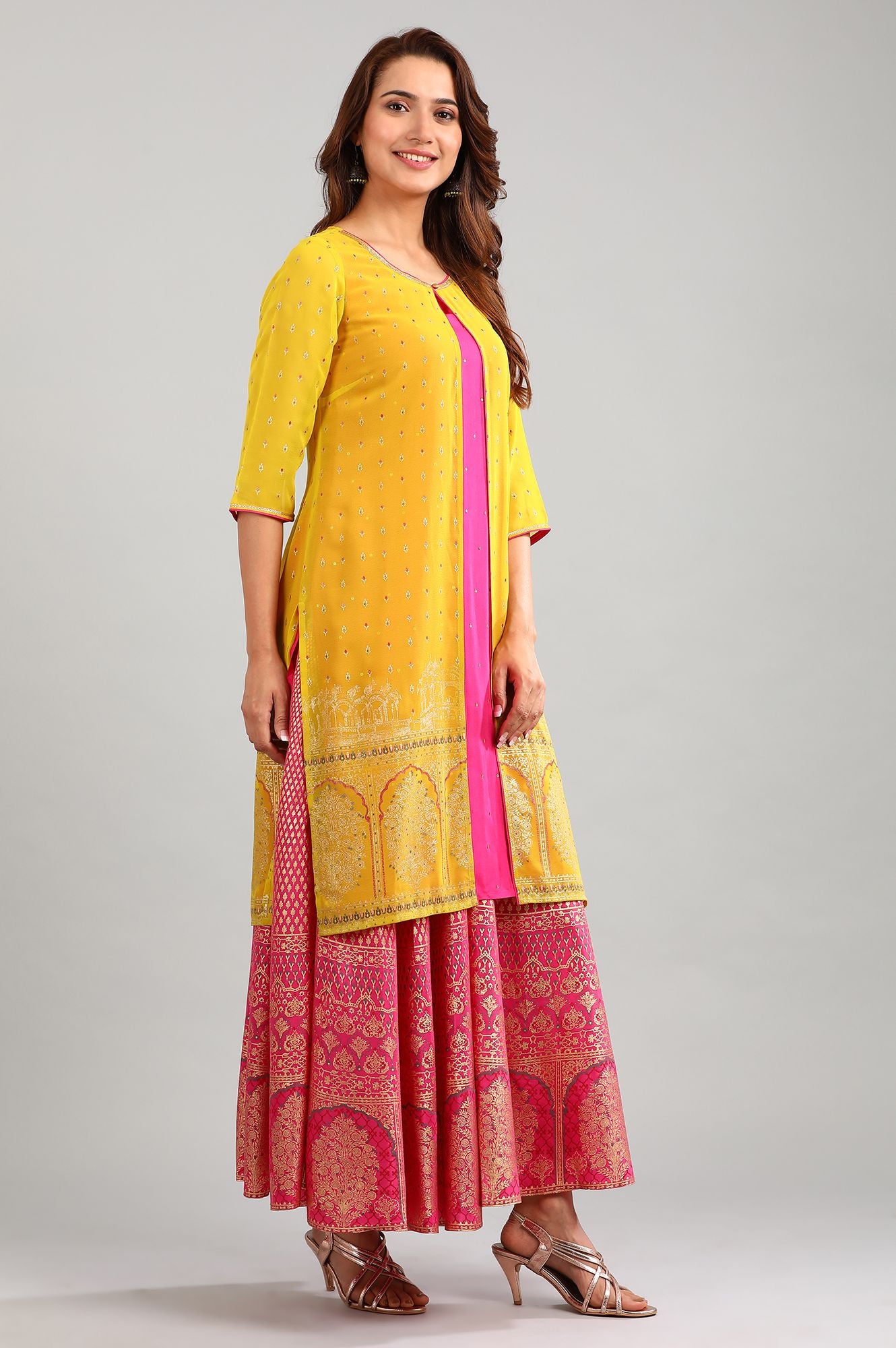 Yellow Round Neck Printed kurta