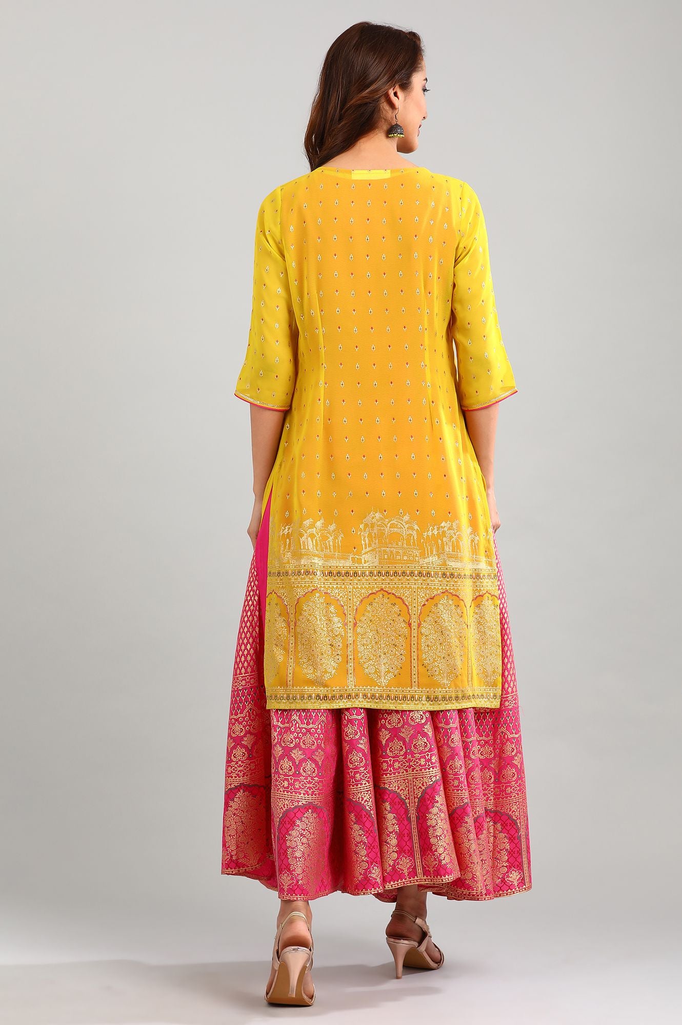 Yellow Round Neck Printed kurta