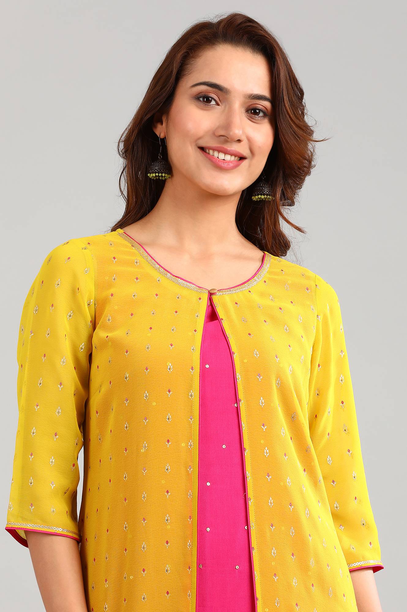 Yellow Round Neck Printed kurta