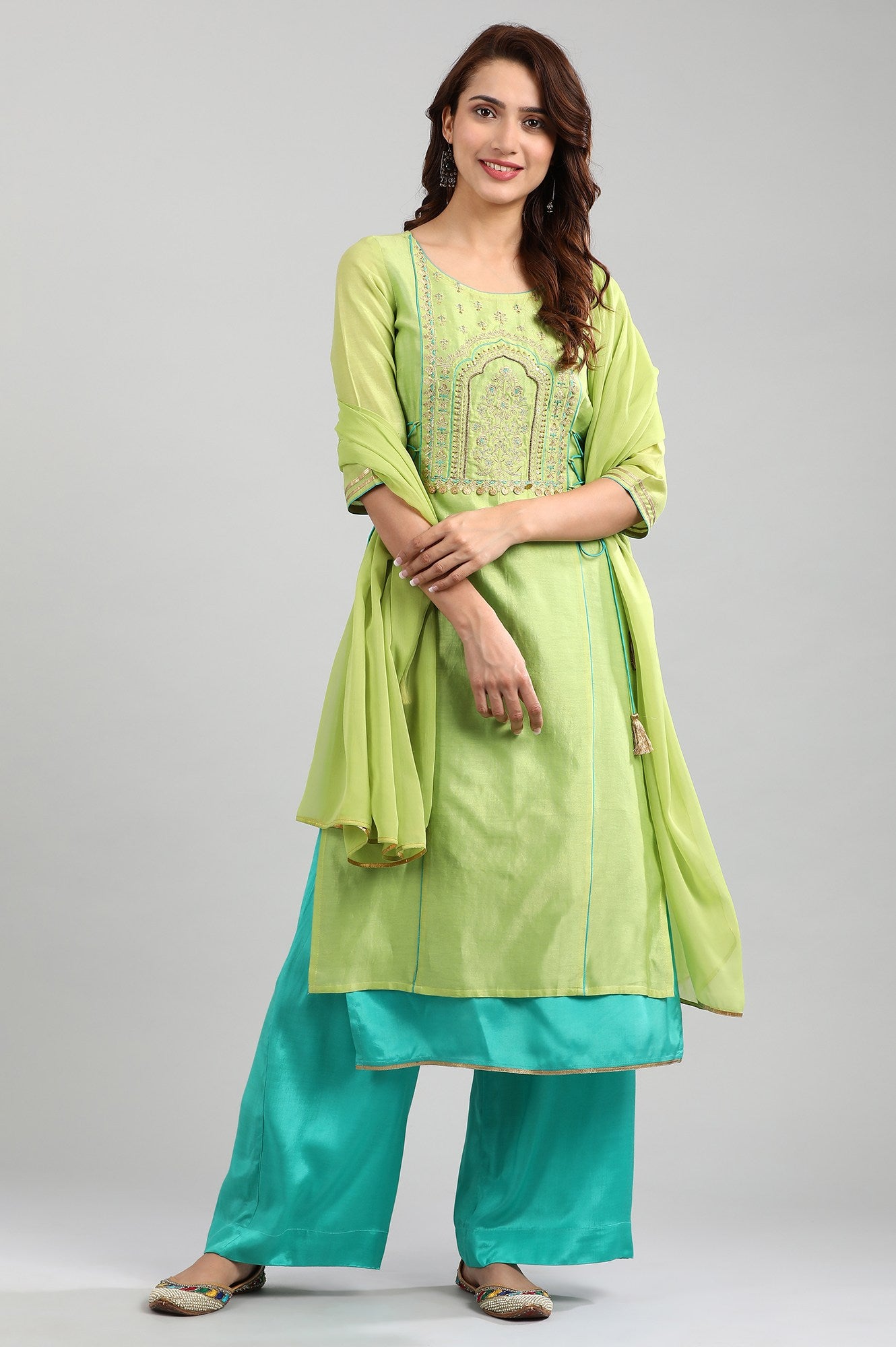 Green Round Neck Layered kurta Set