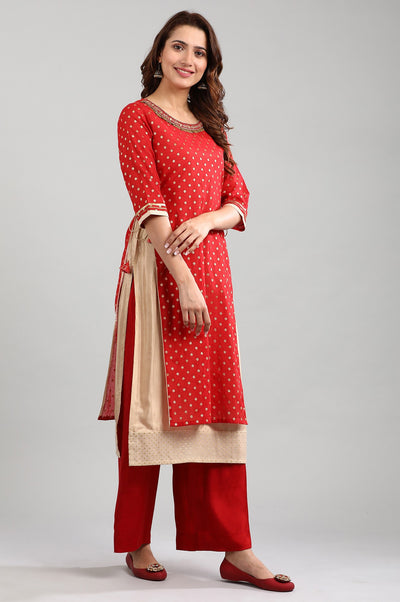 Red Round Neck Embellished kurta Set