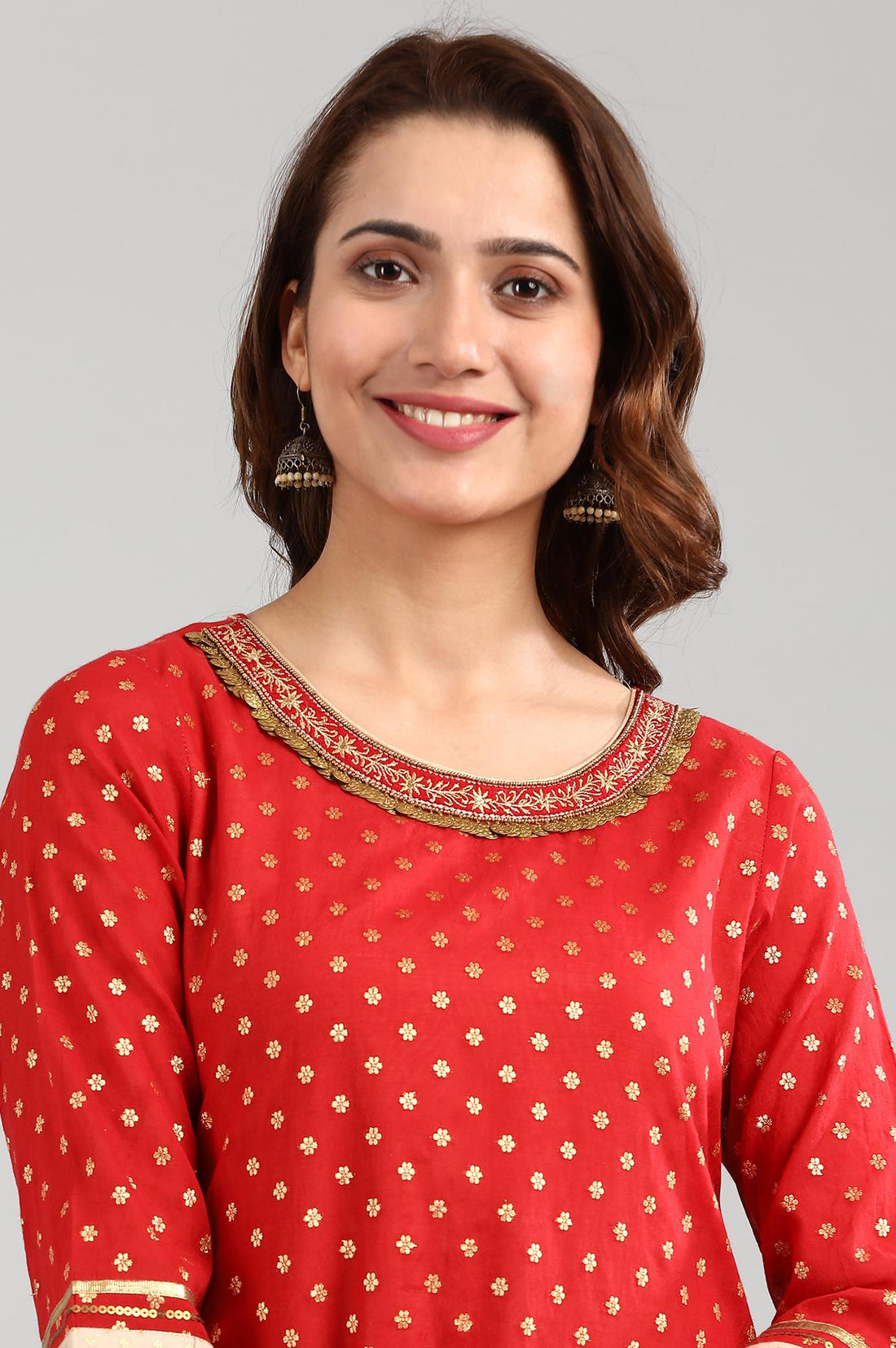 Red Round Neck Embellished kurta Set