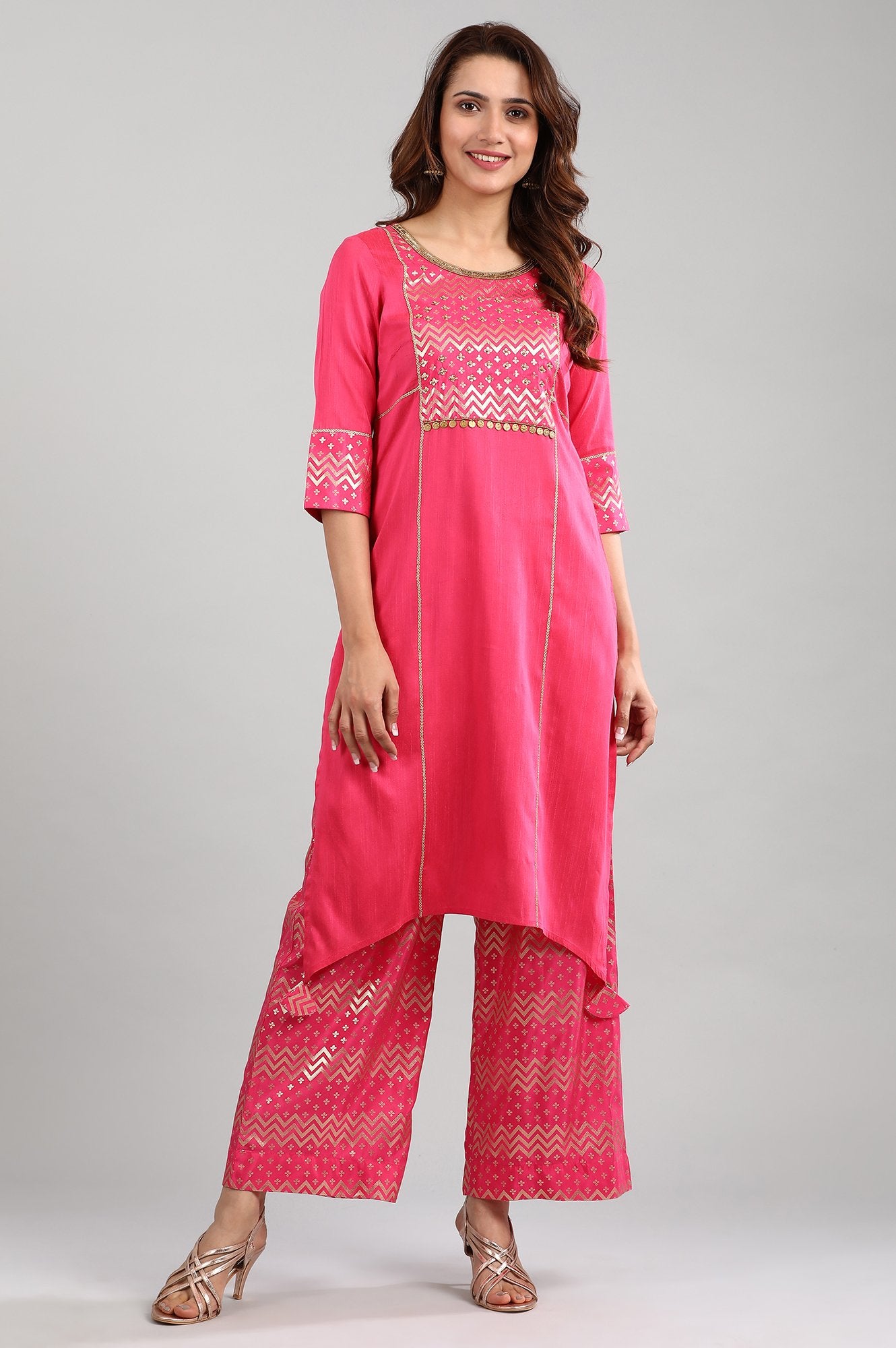 Pink Round Neck Asymmetrical kurta Set